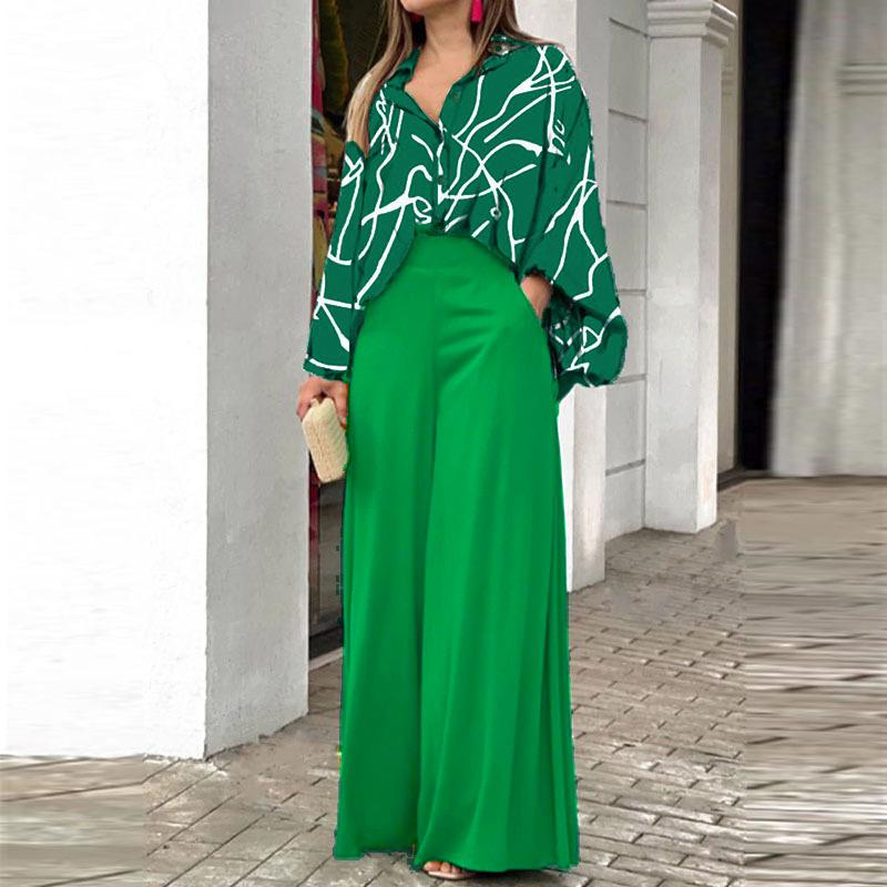 Women's Printed Shirt Wide Leg Pants Fashion Casual Set