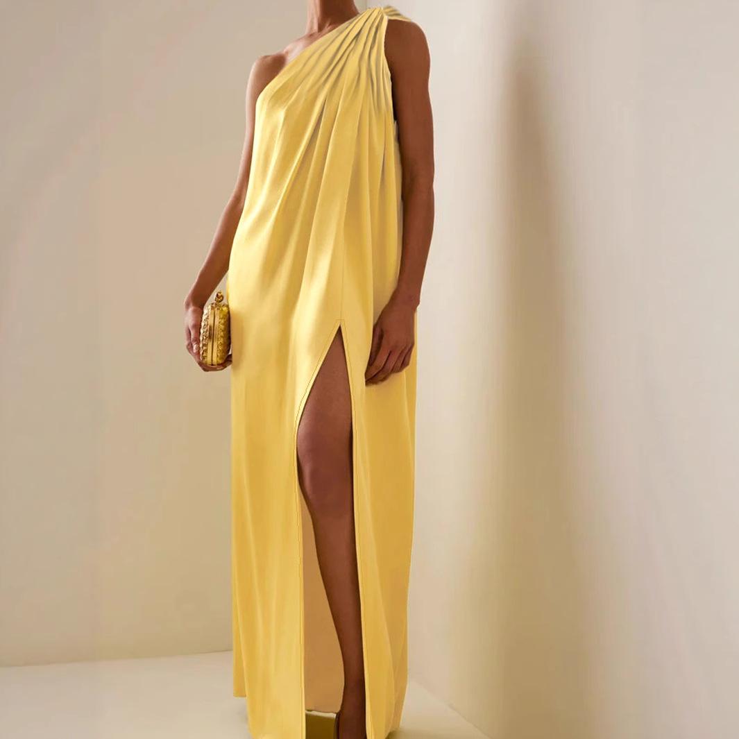 Slant Shoulder Irregular Sleeveless Long Party Slit Dress