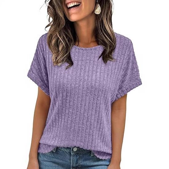 Solid Color Round Neck Sunken Stripe Casual Short-sleeved T-shirt For Women
