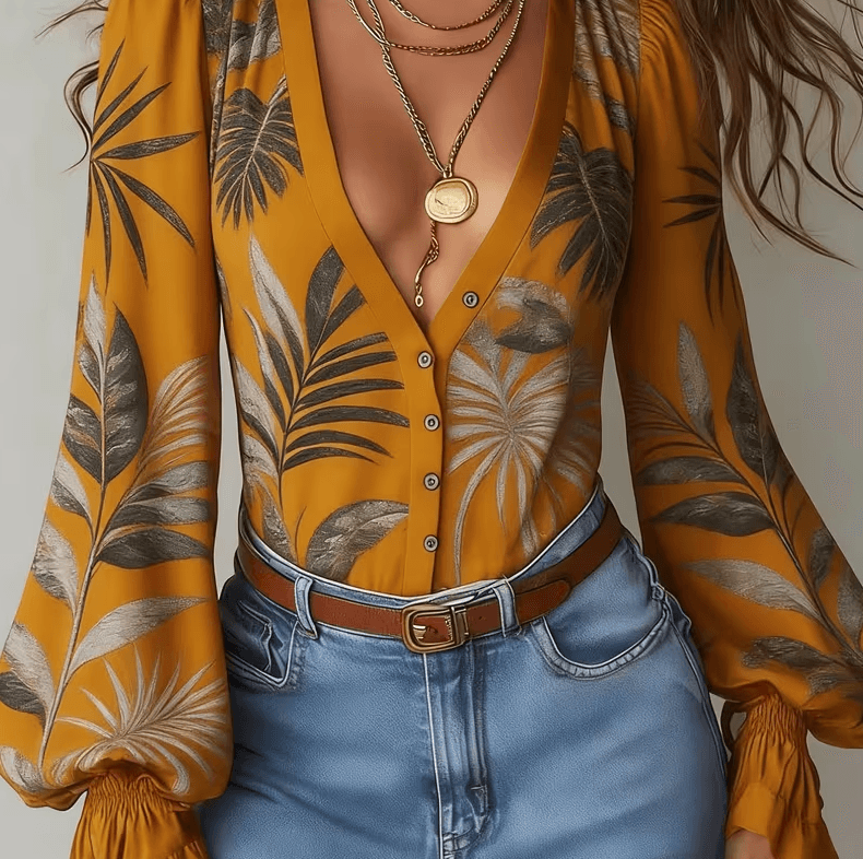 Paisley V-neck Puff Sleeve Women's Slim-fit Blouse