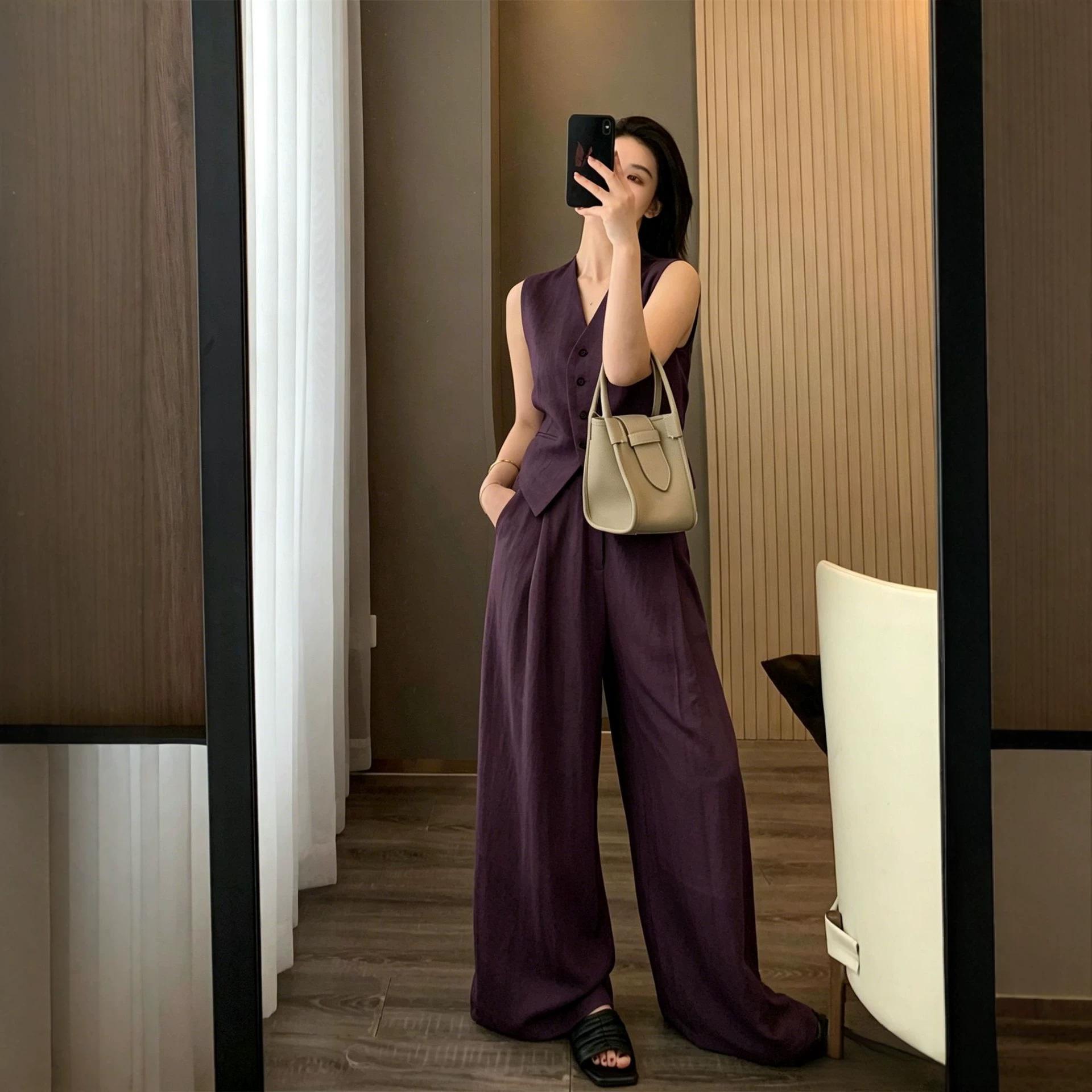 Linen Tencel Vest And Wide-leg Long Pants Two Pieces Set