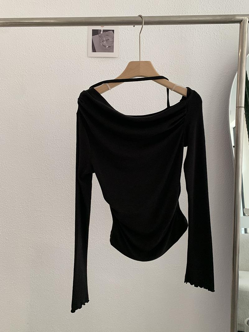 Shoulder Collar Solid Color Slim Fit Slimming Long Sleeves Inner Bottoming T-shirt