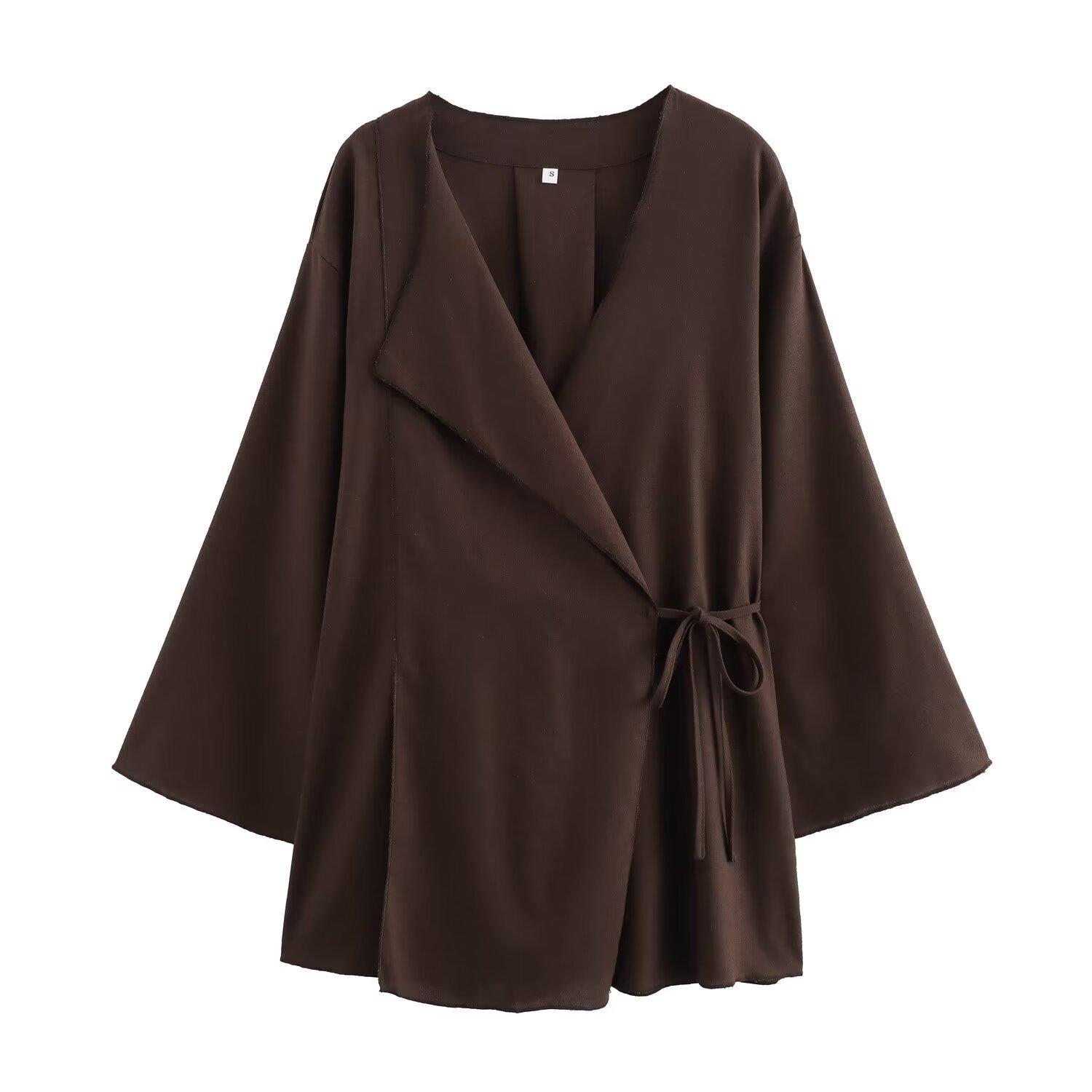 Womens Solid-color Elegant Tie-front Top And Flowing Wide-leg Split Trousers
