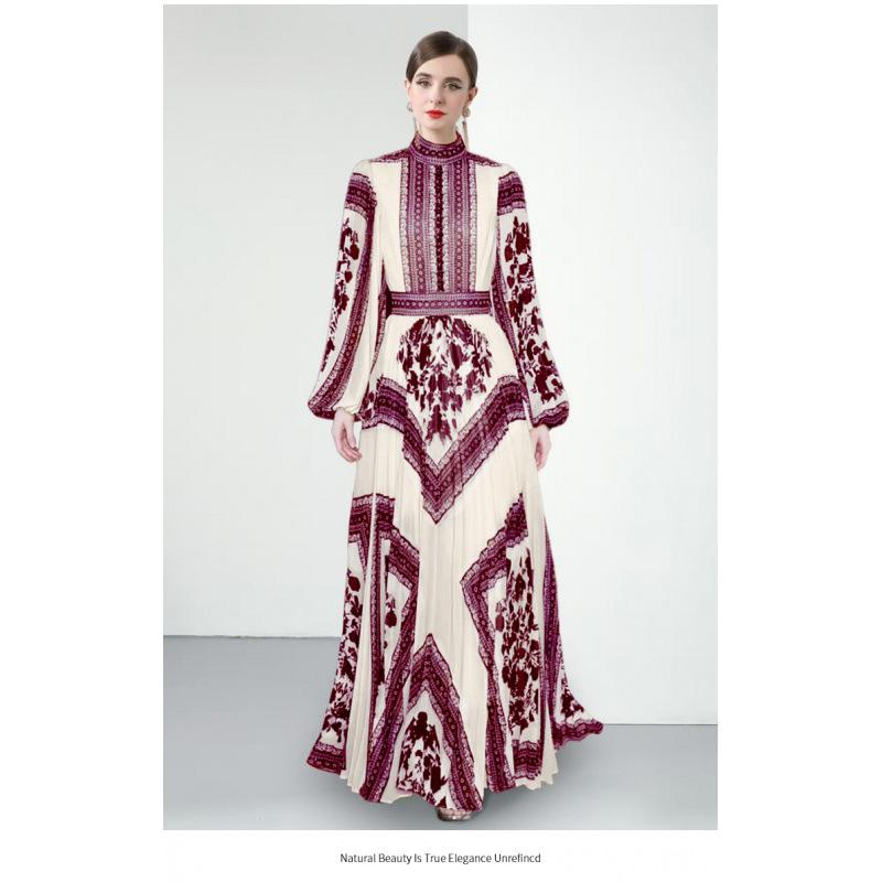 European And American Elegant Stand-up Collar Puff Sleeve Positioning Printed Waist-controlled Pleated Puffy Long Dress