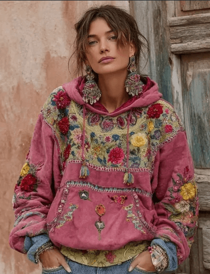 Vintage Hooded Jacket Versatile Lace-up Printed Sweatshirt