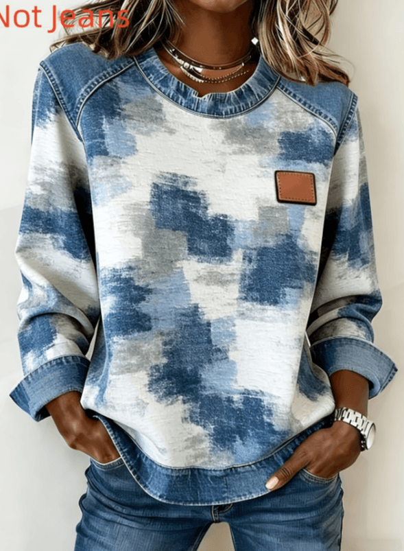 Casual Round Neck Color-blocked Printed Long-sleeved Loose Top