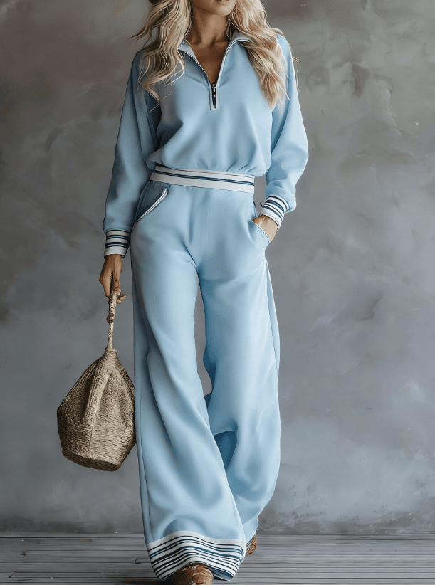 Phnom Penh Stripe Stand-Collar Half-Zip Sweatshirt And Wide-Leg Pants Two-Piece Set