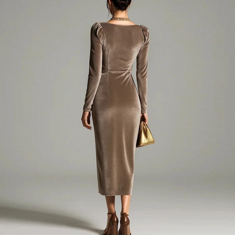 Long Sleeve Pleated Long Slit Velvet Sheath Dress