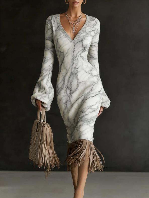 Tassel-decorated V-neck Bell Sleeve Casual Dress