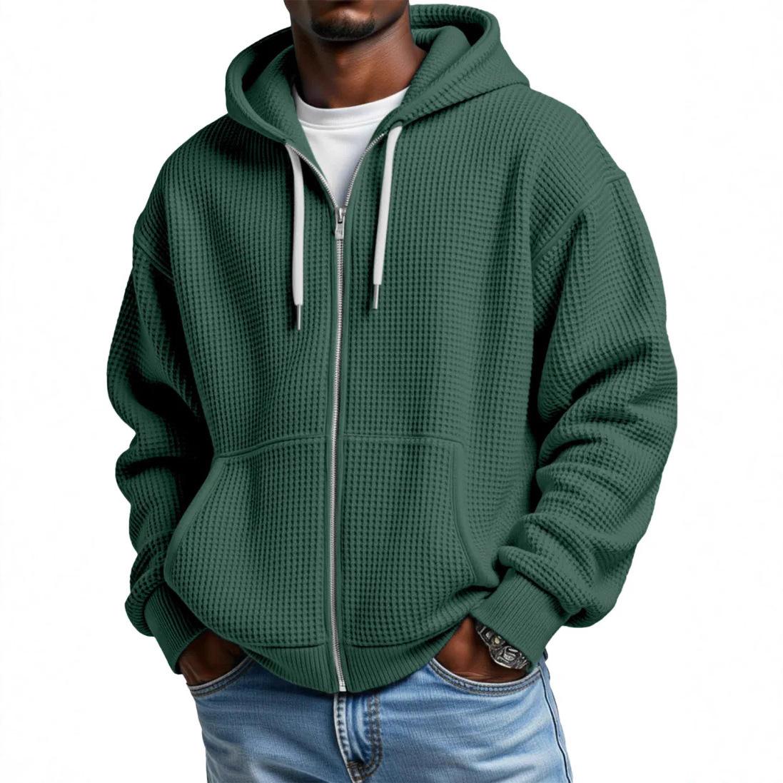Mens Solid Color Loose-Fit Hooded Zip Up Waffle Weave Drop Shoulder Sweatshirt