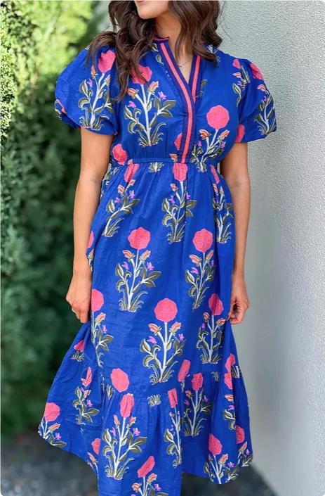 Sky Blue Flower Puff Sleeve Short Sleeve V-neck High Waist Dress