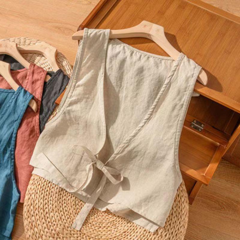 Versatile Ethnic-Style Cotton-Linen Solid-Color Lace-Up Vest Top For Women