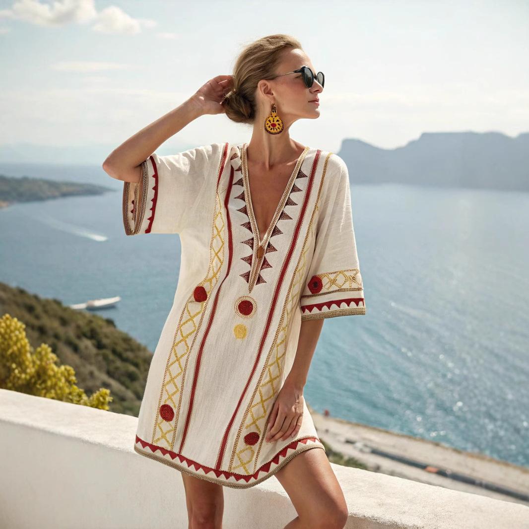 Loose Printed V-neck Women's Casual Holiday Dress