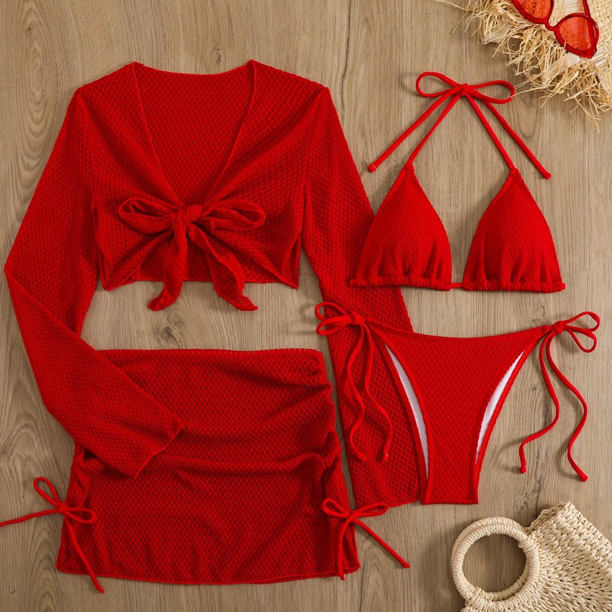 Cross-border Lightweight Sheer Lacey Off-white Vacation Swimsuit Set