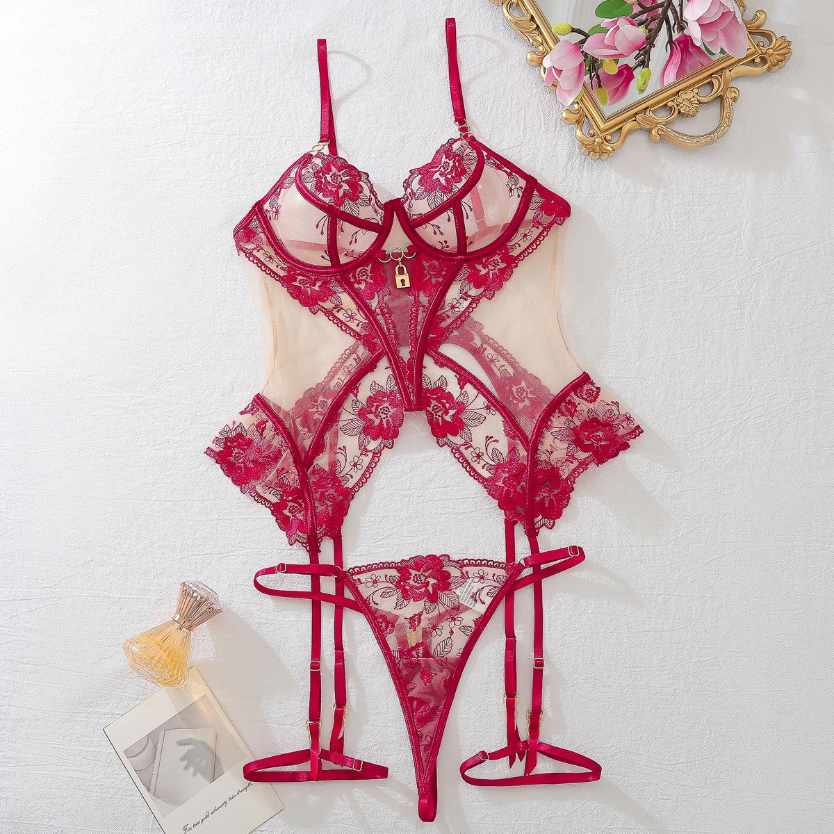 Bra Set Mesh See-through Thin Lace Underwear Three-piece Set