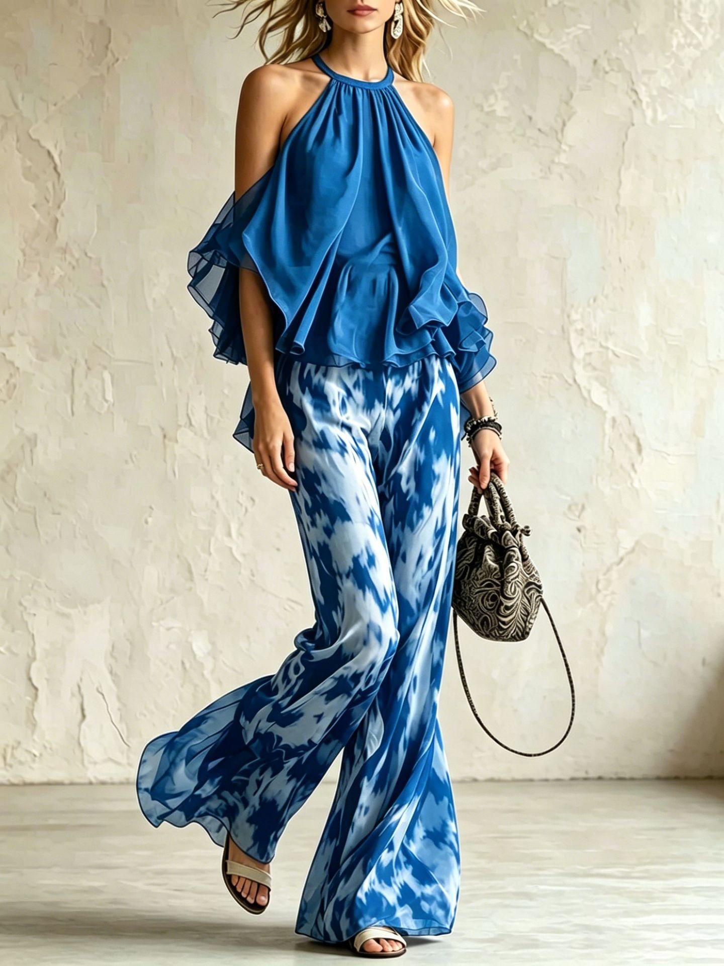 Sleeveless Halter-neck Top And Printed Wide-leg Pants Set
