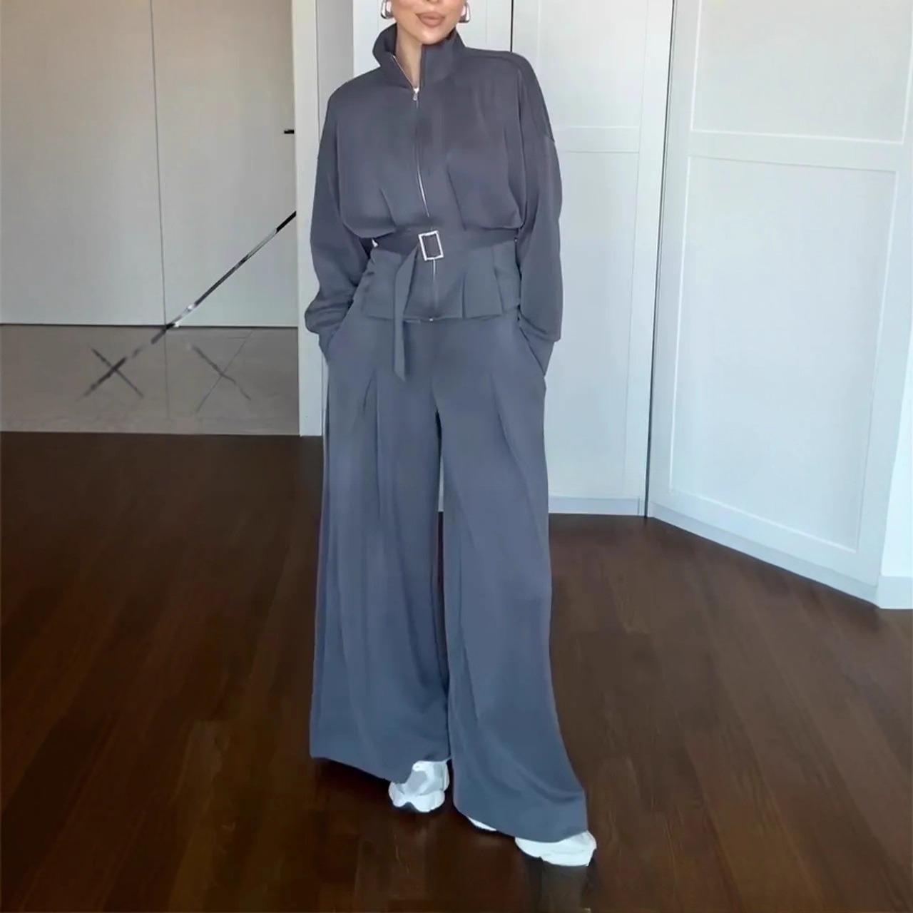 Casual Style Simple Fashion Graceful Stand Collar Zipper Jacket Pants Suit