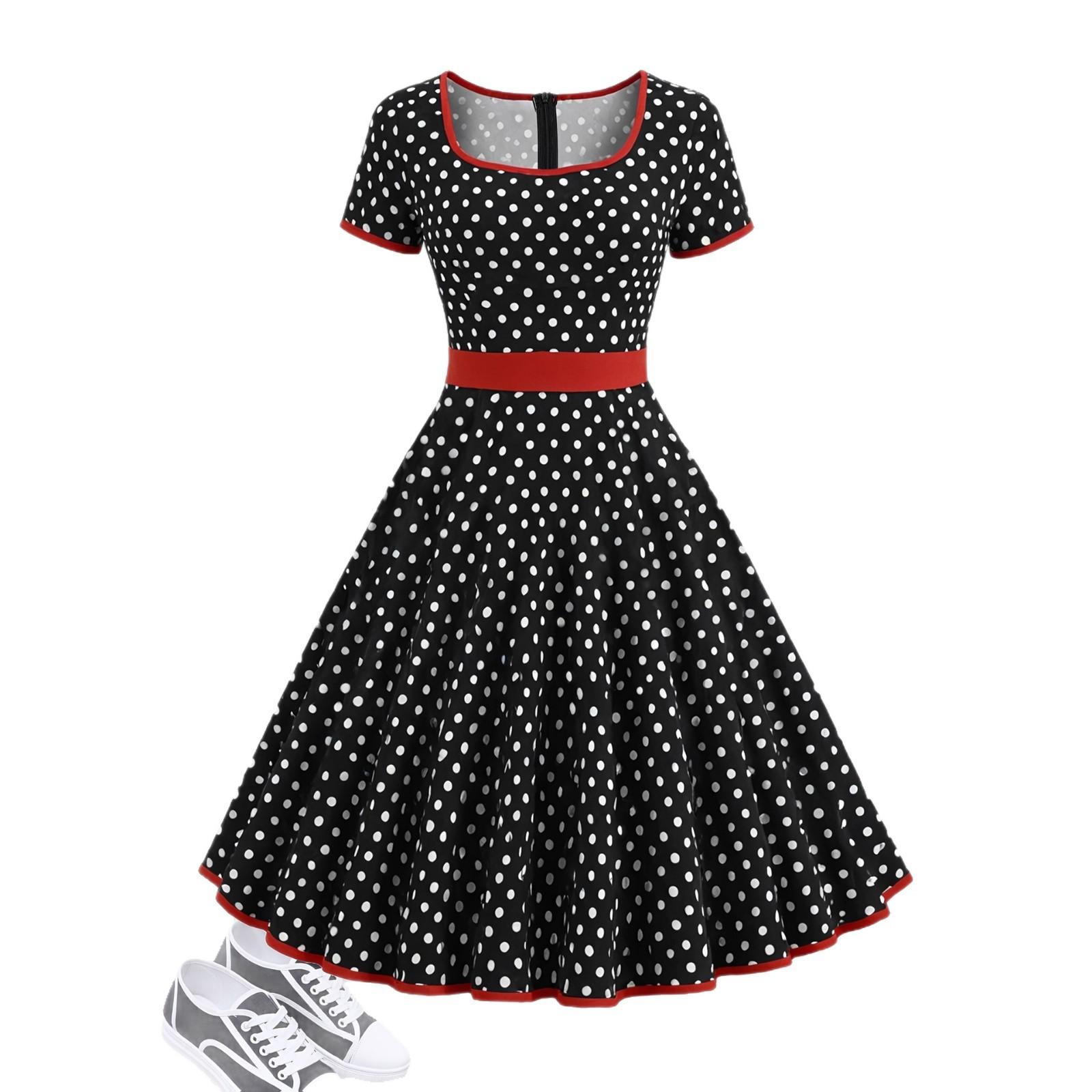 Elegant Style Square Collar Short Sleeve Polka Dot Zipper Pleated Dress