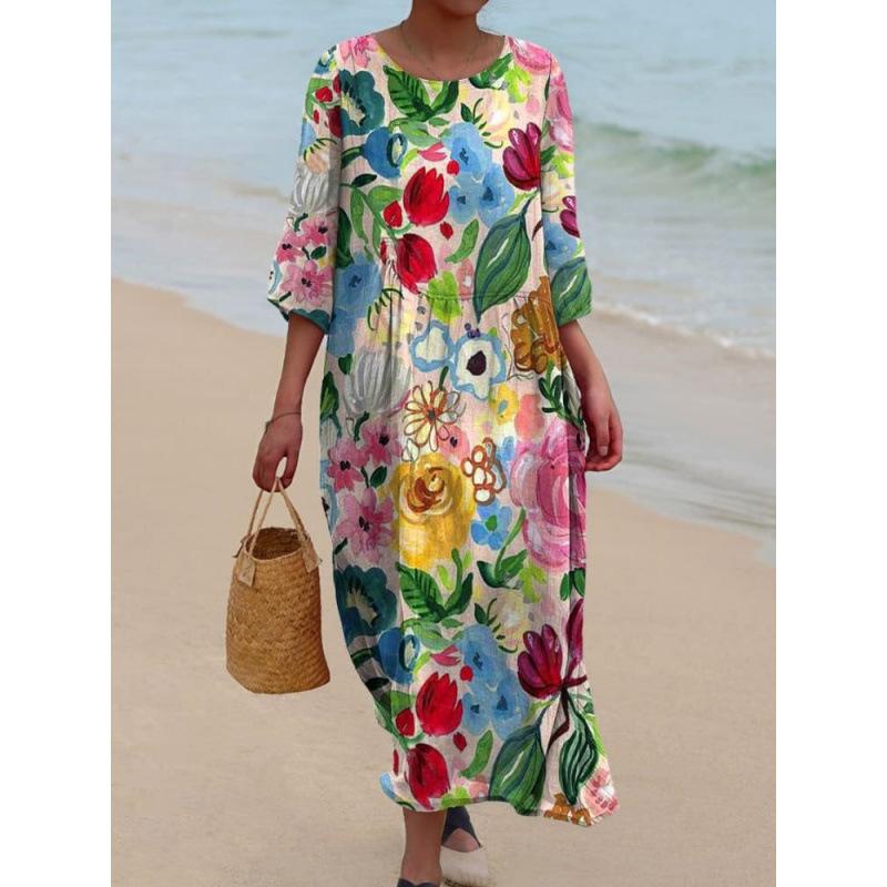 Women's Loose Casual Floral Pattern Cropped Long Sleeves Dress