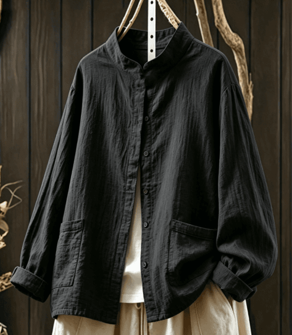 New Chinese Style Stand Up Collar Pleated Cotton Linen Long Sleeved Cardigan Shirt