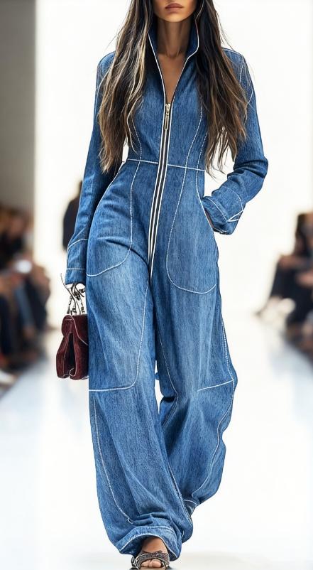 Zippered Long-sleeved Casual Wide-leg Jumpsuit