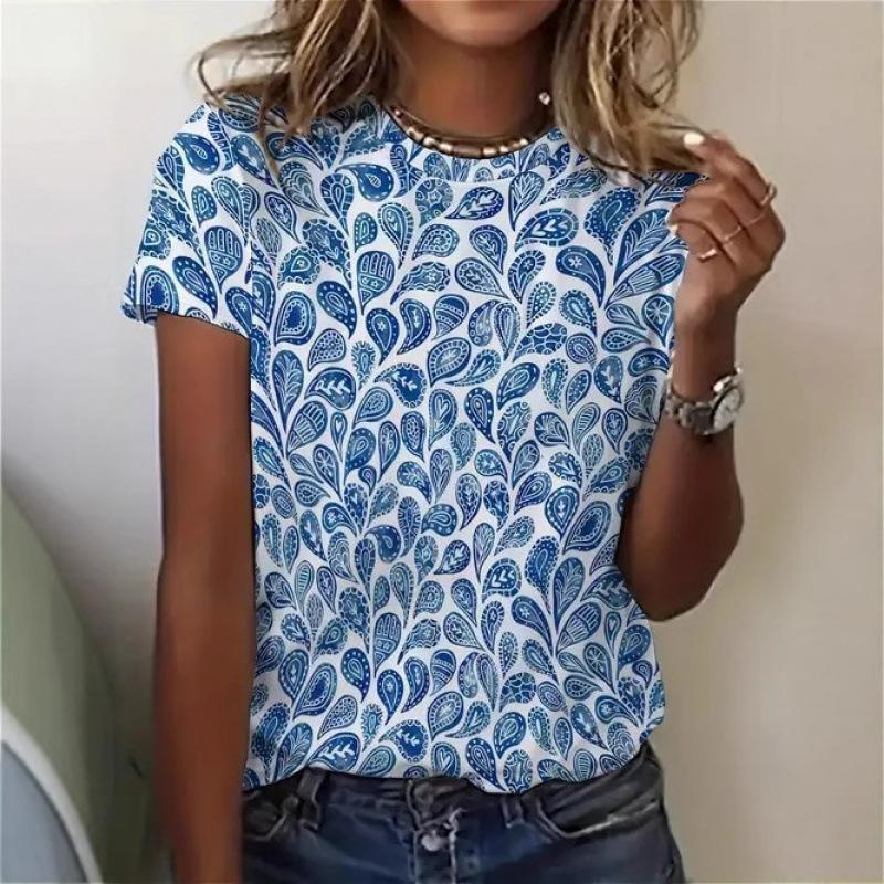 Womens Printed Short-sleeve Crew-neck Pullover Top