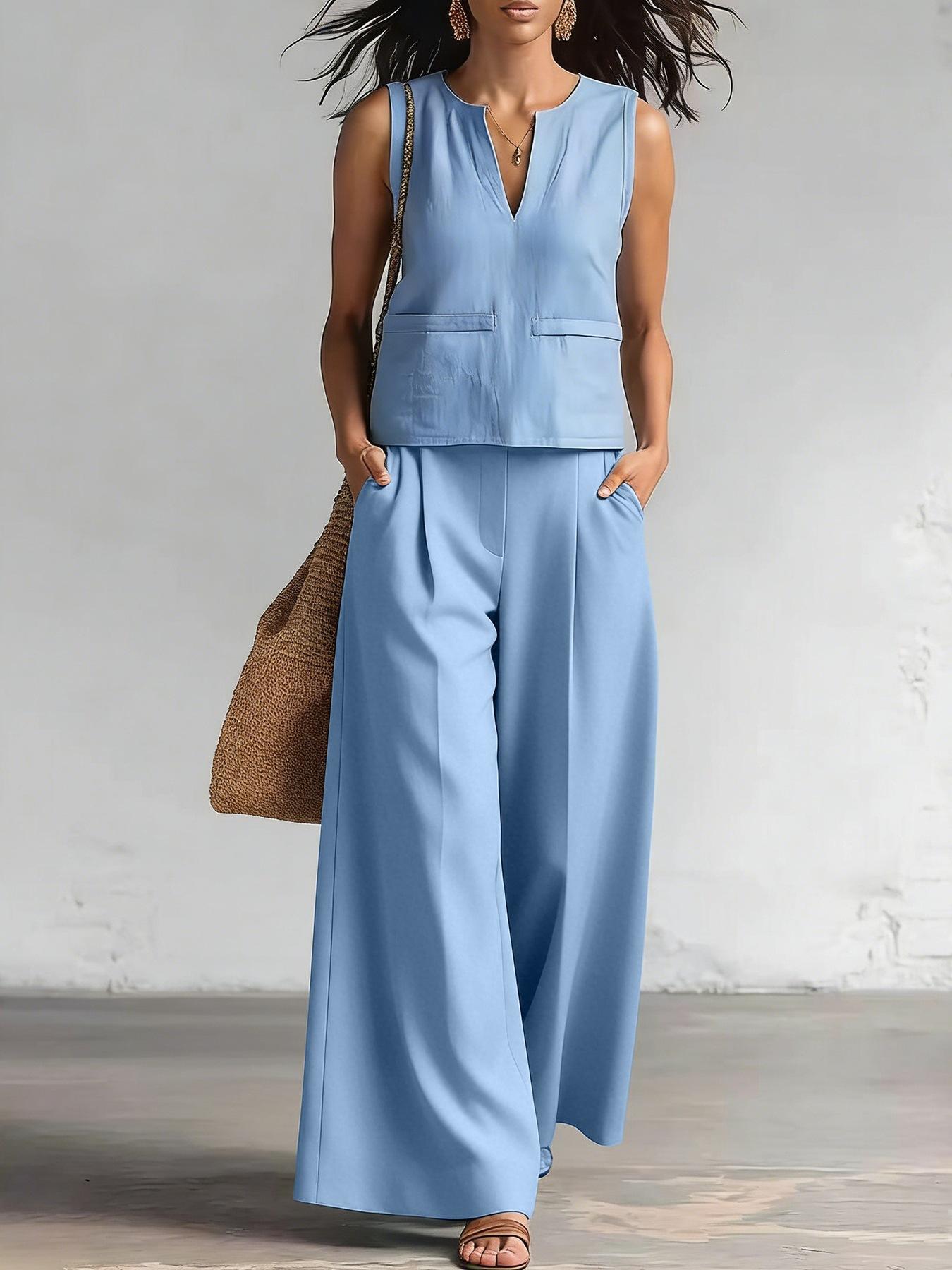 Solid-color Elegant Two-piece Set Crew-neck Vest And Wide-leg Pants