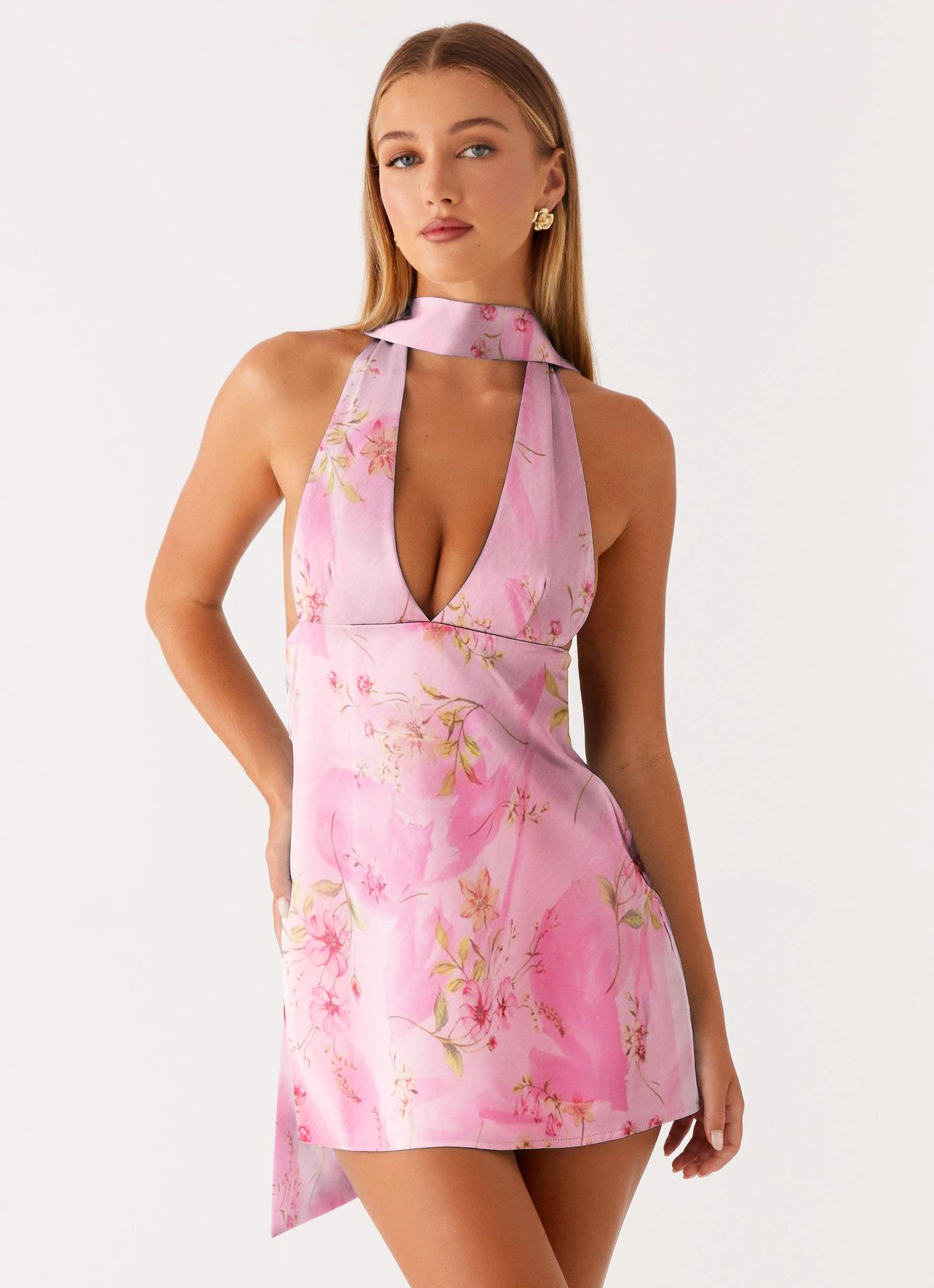 Women's Tube Top Large V-neck Backless Mini Print Dress