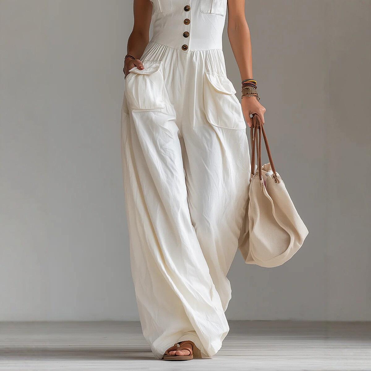 Casual Sleeveless Wide-leg Jumpsuit With Patch Pockets