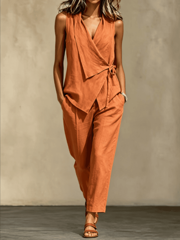 Sleeveless Wrapped Lace Up Cotton And Linen Casual Suit