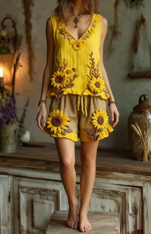 Women's Floral Embroidery V-neck Vest And Shorts Two-Piece Set