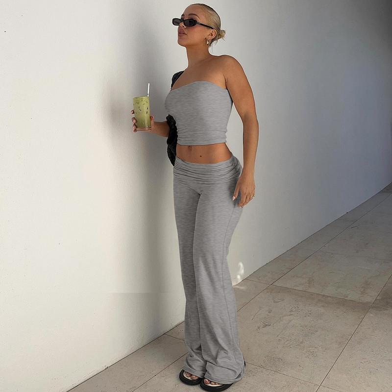 New Pure Color Tube-top Top Flared Pants Fashion Slim Suit