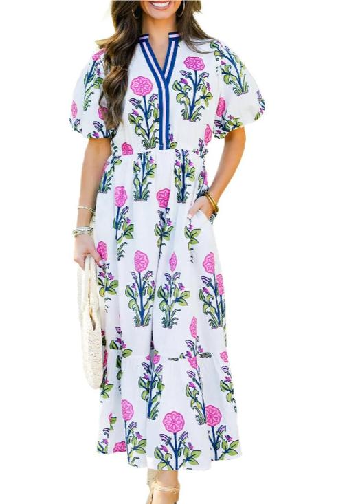 Sky Blue Flower Puff Sleeve Short Sleeve V-neck High Waist Dress