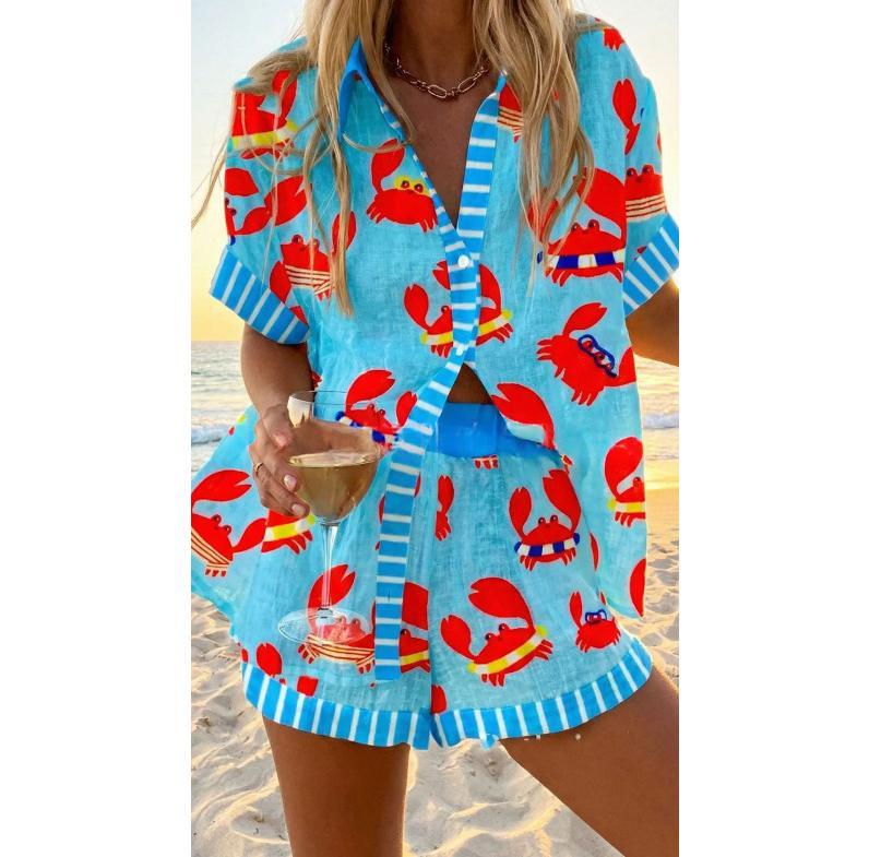 Women's Fashion Printed Casual Vacation Style Cardigan Shorts Suit