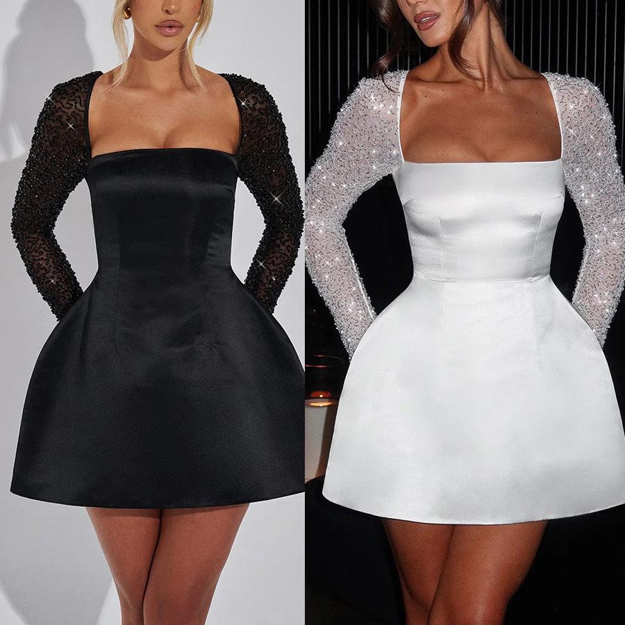 Sequined Long Sleeve Dress INS Casual Lace Up Women