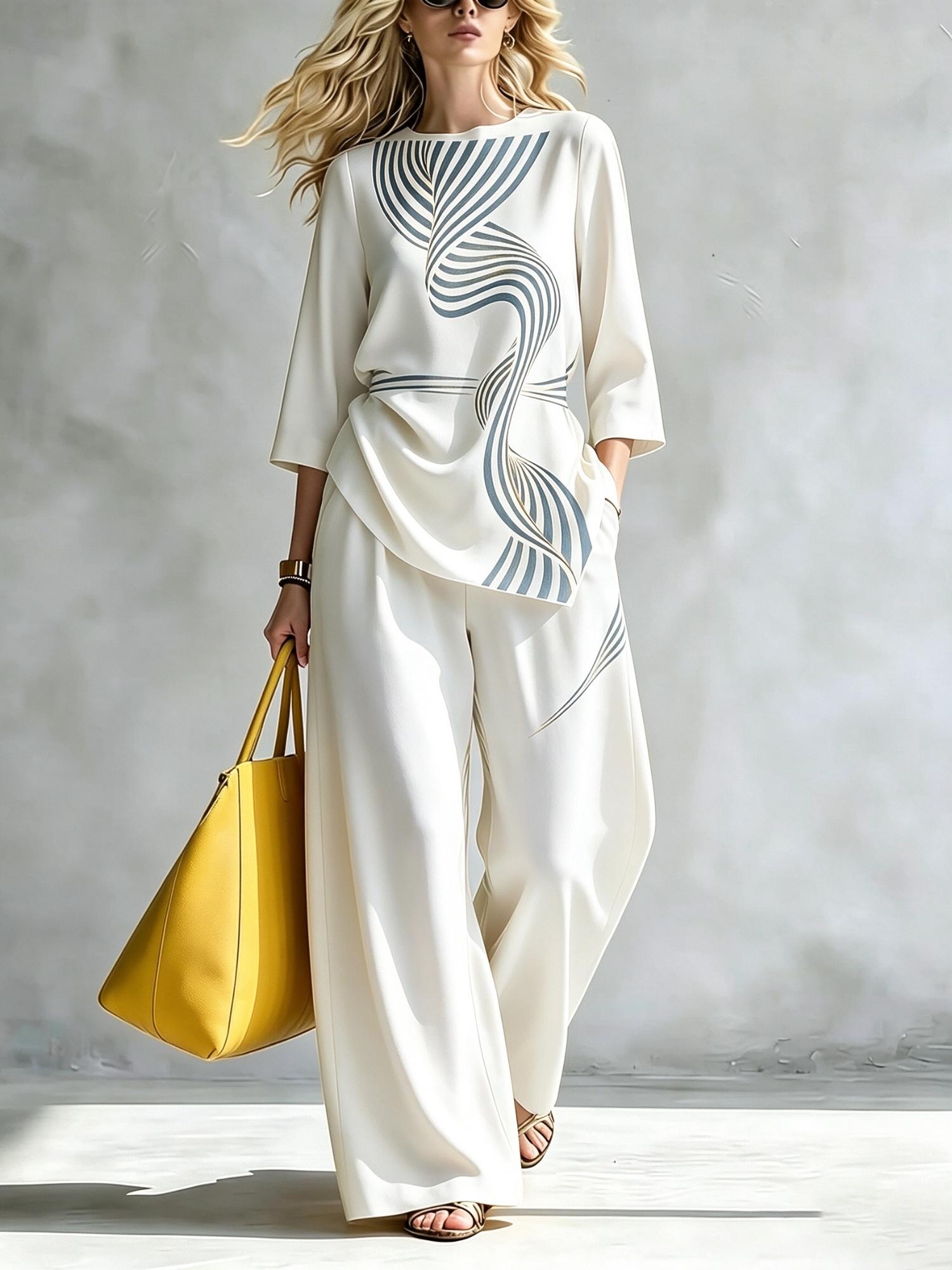 Womens Casual V-neck Three-quarter-sleeve Set With Collar