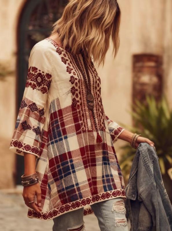 Ethnic Patterned Round Neck Bell Sleeve Casual Top