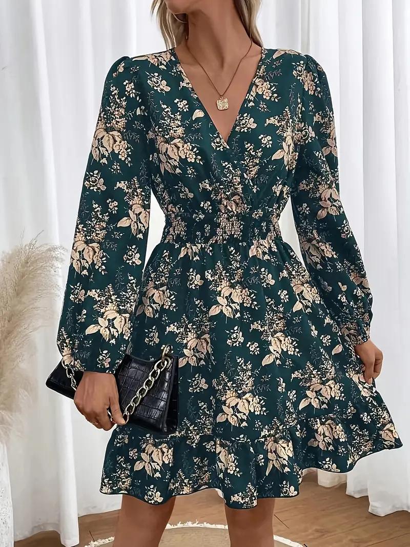 V-neck Floral Print Long Sleeve Dress