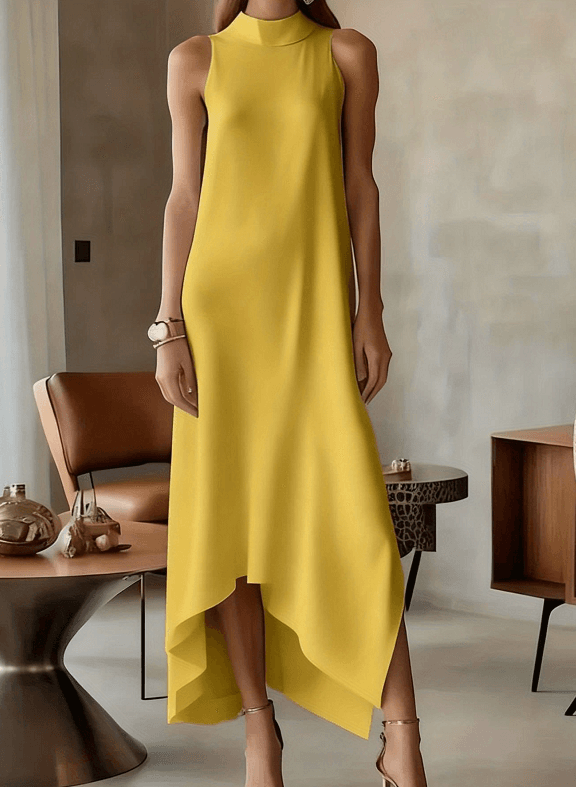 Women's Minimalist Elegant Sleeveless High-neck Midi Dress With Irregular Hem