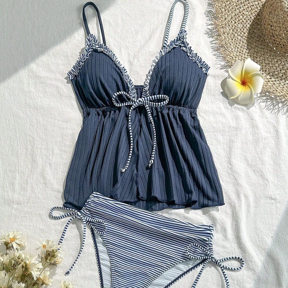 Lotus Leaf-trimmed Two-piece Swimsuit With Shoulder Straps And Lace-up Back