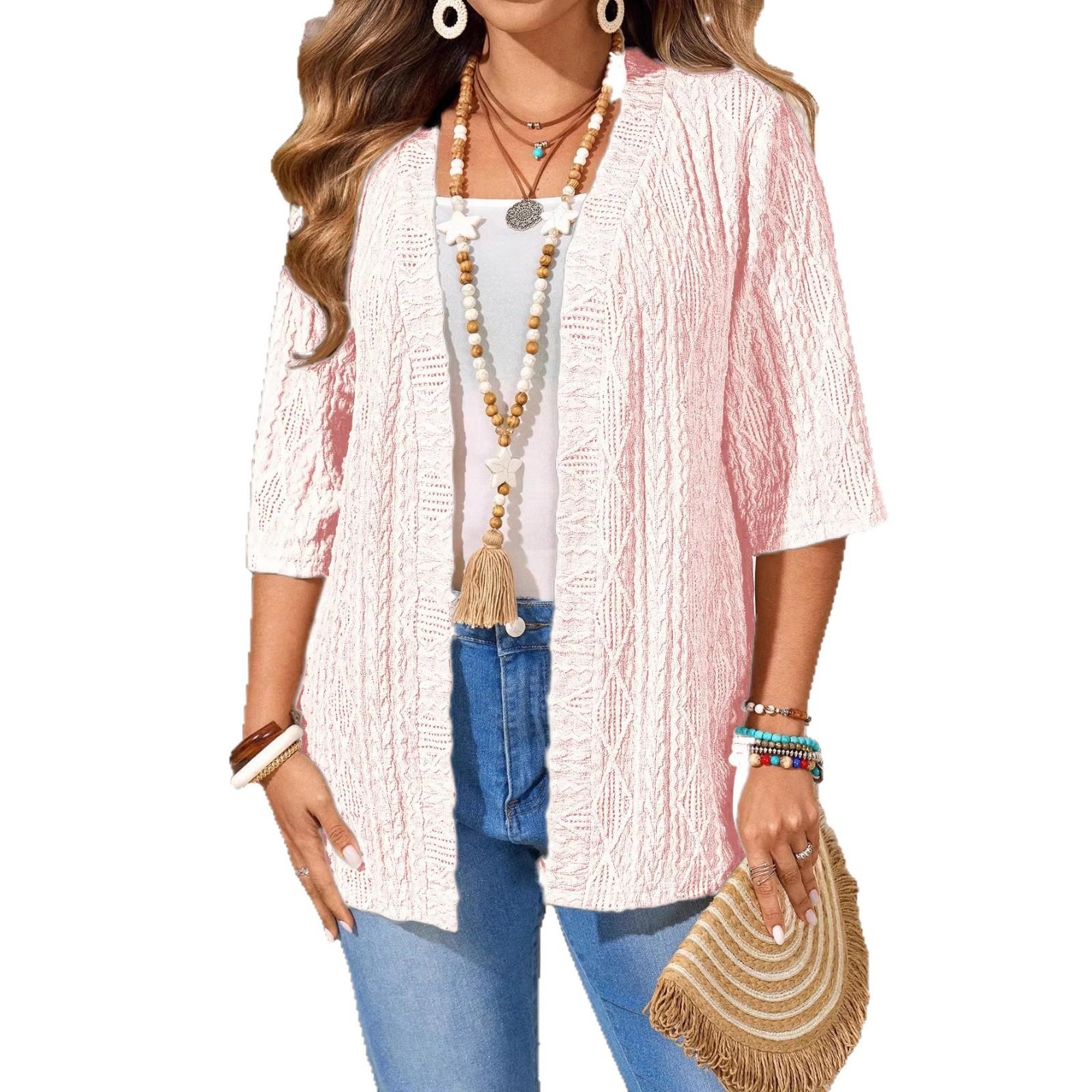 Womens Plus-Size Casual Hollow-Out Cardigan Solid-Colored Top