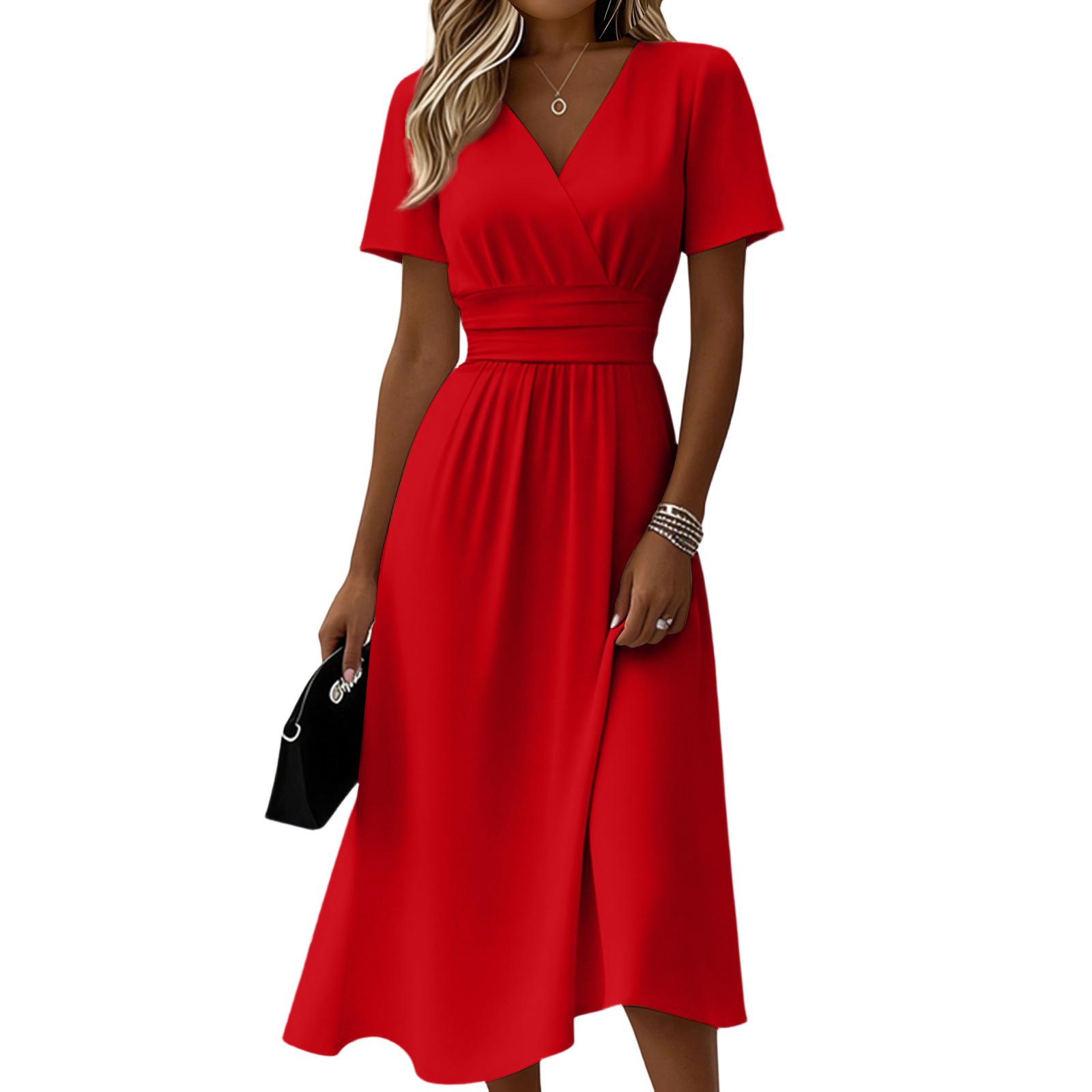 Womens Solid-Color Casual Short-Sleeve V-Neck Dress