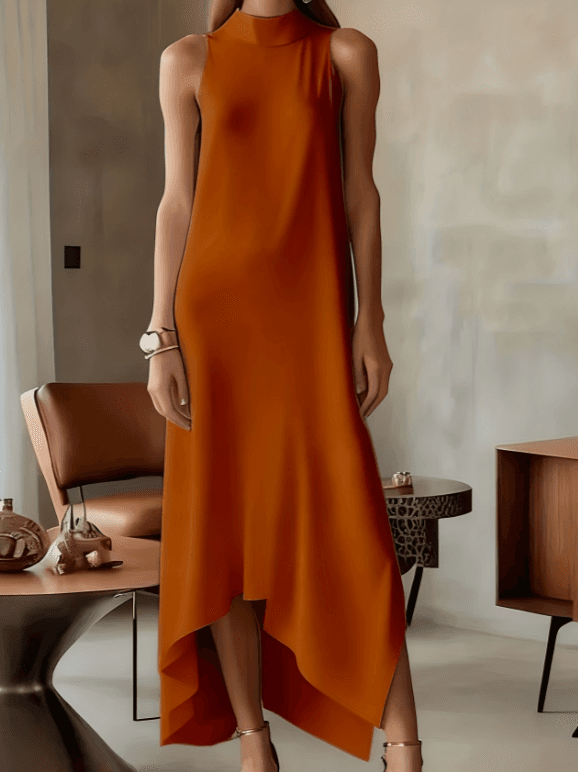 Women's Minimalist Elegant Sleeveless High-neck Midi Dress With Irregular Hem