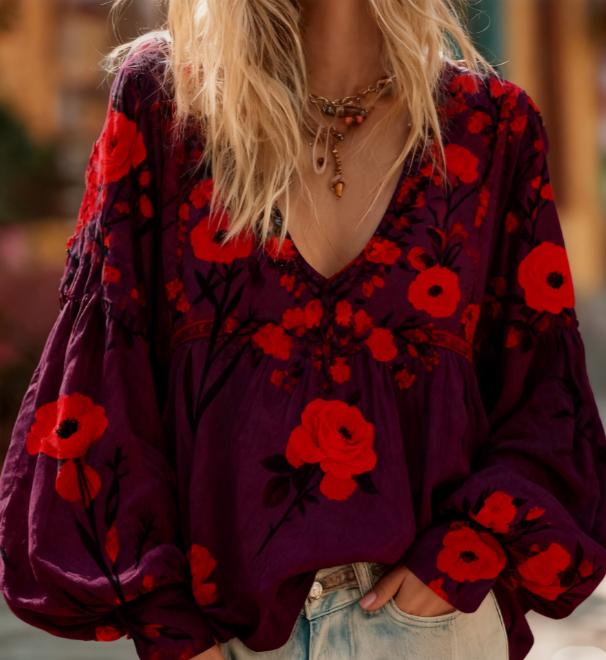 Floral Embroidery Casual V-neck Puff Sleeve Top