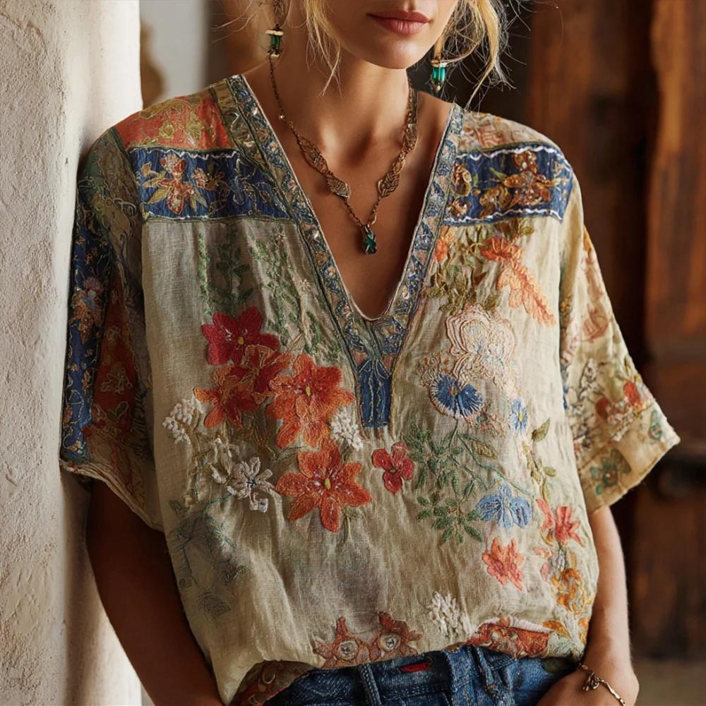 V-neck Elegant Artistic And Retro-style Short-sleeve Top For Women