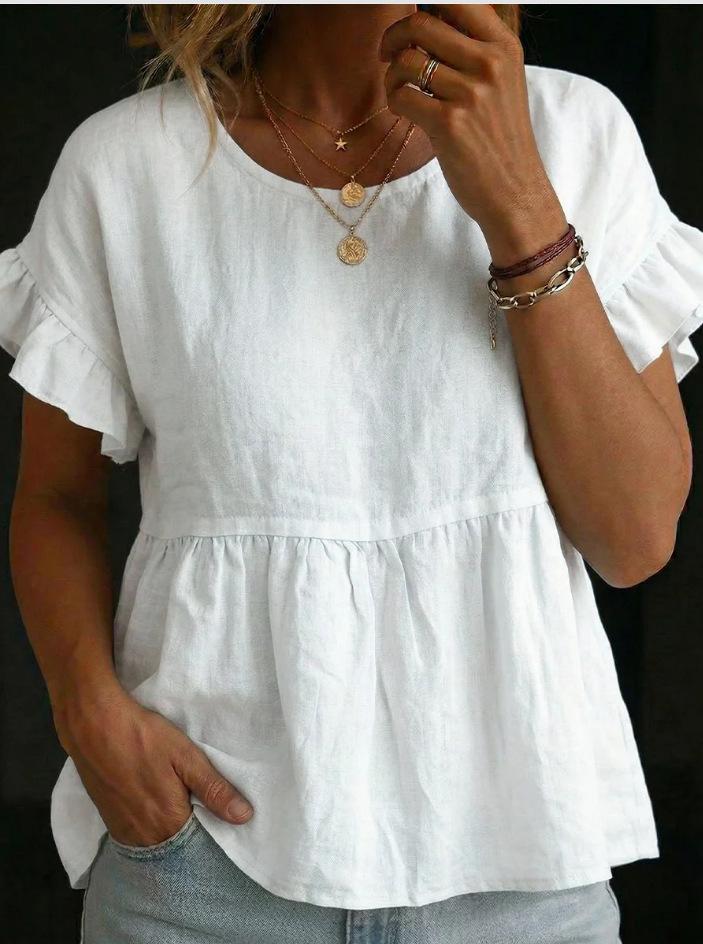 Solid-color Crewneck Short-sleeve Ruched Casual Shirt