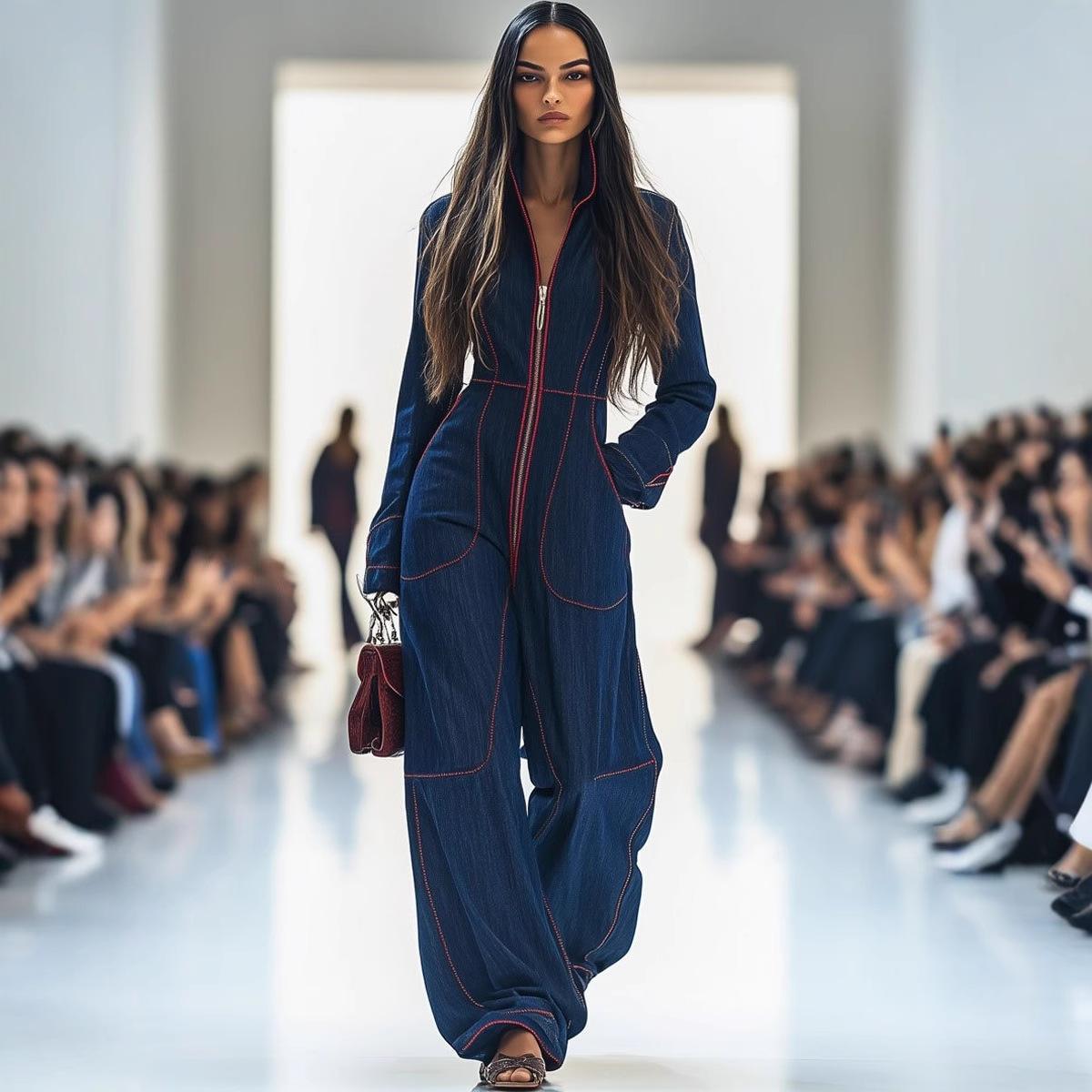 Slim V-neck Casual Plus Size Women's Large Pocket Jumpsuit