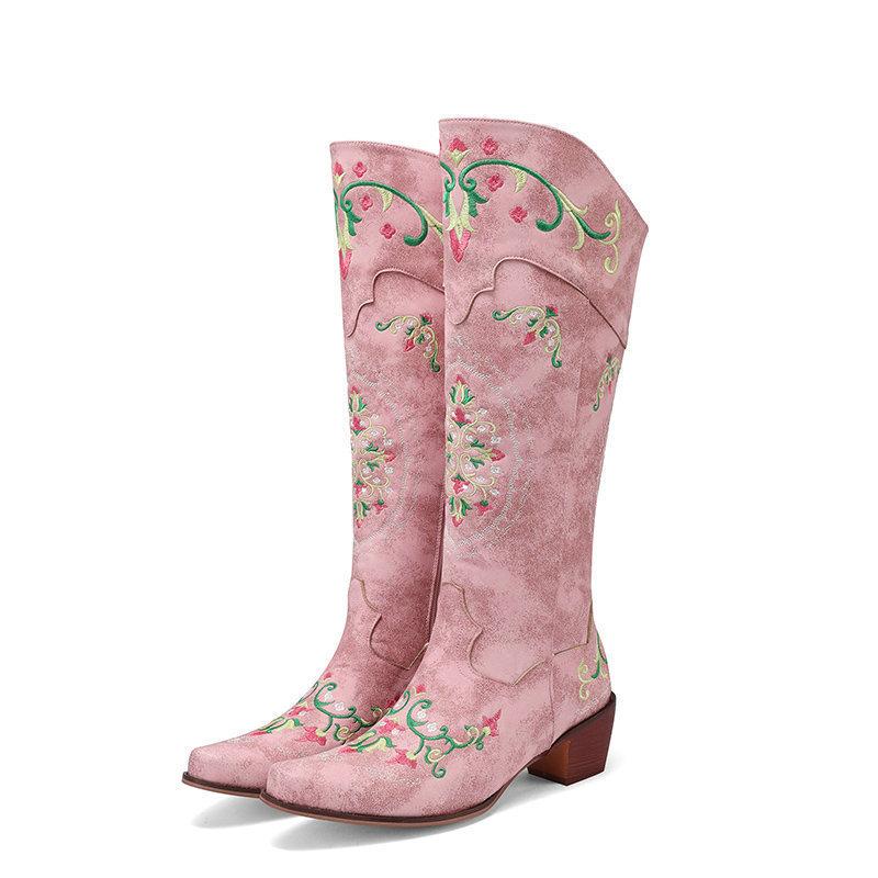 Chunky-Heel Retro Embroidered Side-Zip Colorblock Western Mid-Calf Boots Womens Boots