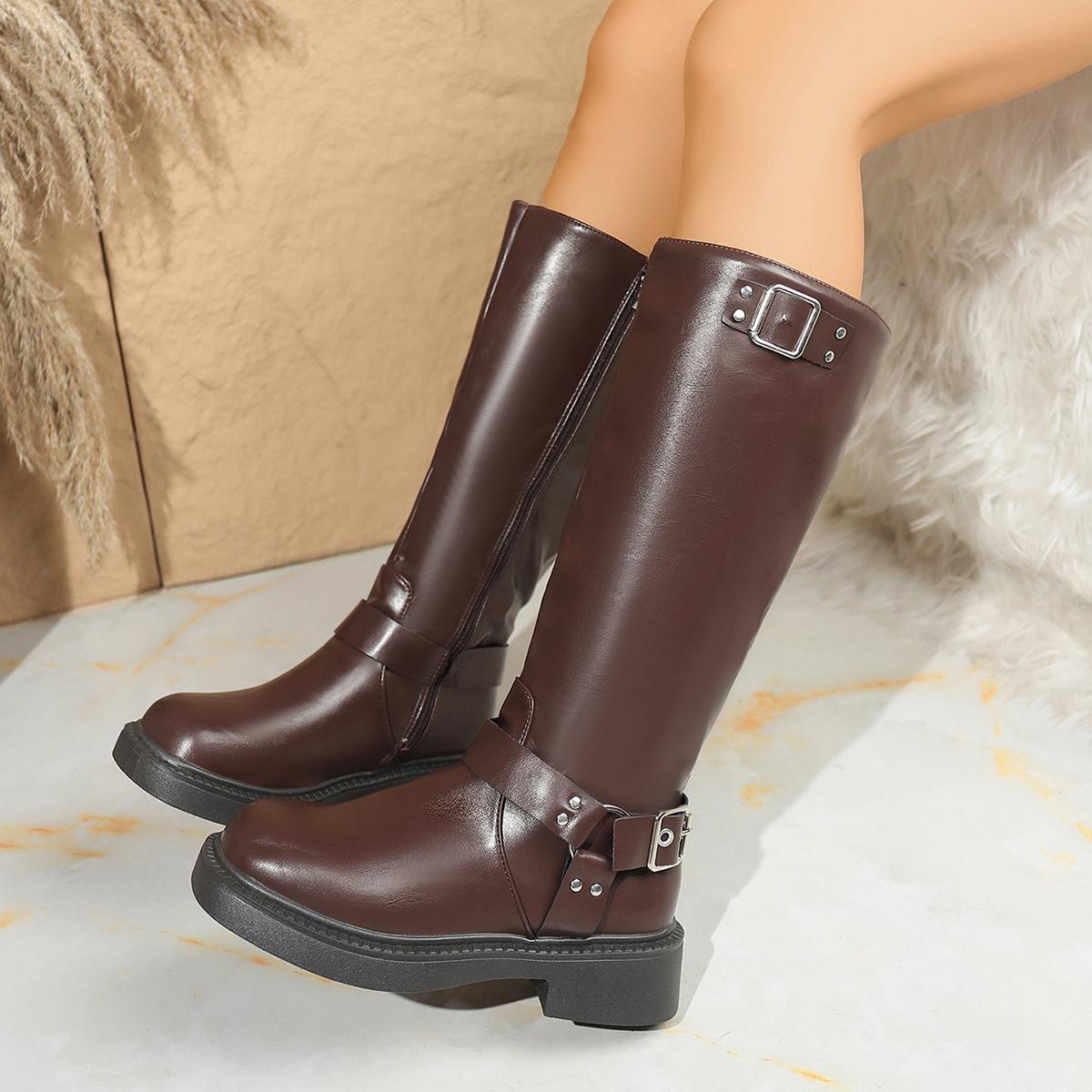 Womens Round Toe Thick Soled Belt Buckle Over The Knee Boots
