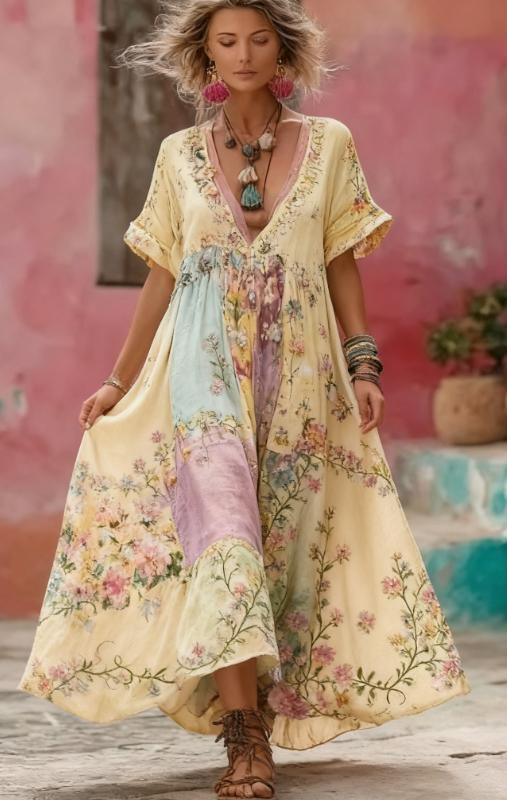 Women's Floral Embroidery Patchwork Art V-Neck Long Dress